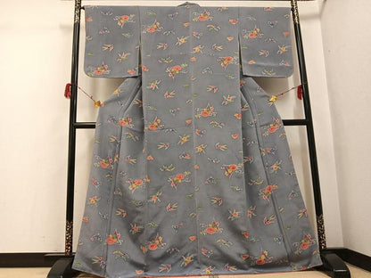 平和屋着物●上質な小紋　型染め　花鳥文　鬼しぼ縮緬　正絹　逸品　未使用　AABH2035ph