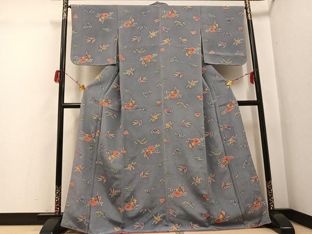 平和屋着物●上質な小紋　型染め　花鳥文　鬼しぼ縮緬　正絹　逸品　未使用　AABH2035ph