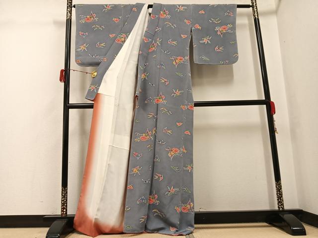 平和屋着物●上質な小紋　型染め　花鳥文　鬼しぼ縮緬　正絹　逸品　未使用　AABH2035ph