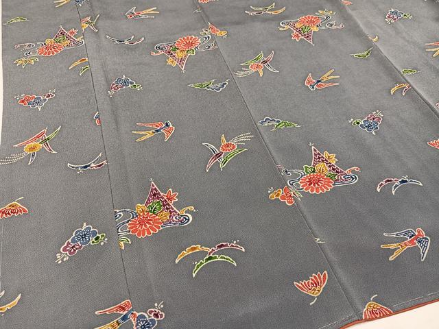 平和屋着物●上質な小紋　型染め　花鳥文　鬼しぼ縮緬　正絹　逸品　未使用　AABH2035ph