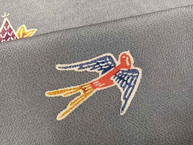 平和屋着物●上質な小紋　型染め　花鳥文　鬼しぼ縮緬　正絹　逸品　未使用　AABH2035ph