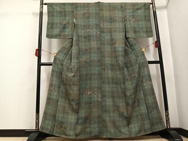 平和屋着物●上質な小紋　草花格子　金彩　正絹　逸品　AABH2036ph