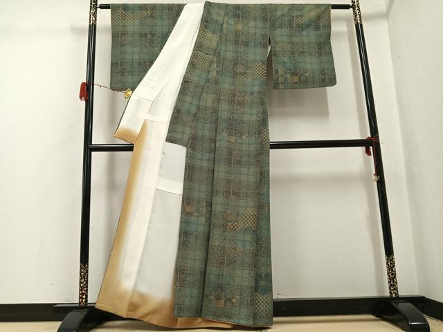 平和屋着物●上質な小紋　草花格子　金彩　正絹　逸品　AABH2036ph