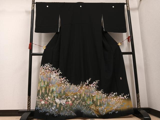 平和屋着物●十日町友禅作家　岡村蒼風　黒留袖　群れ鶴草花文　正絹　逸品　AABH2055ph
