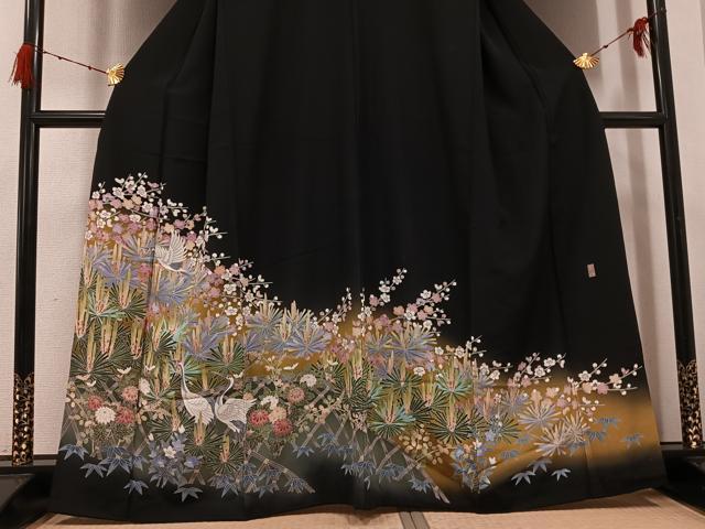 平和屋着物●十日町友禅作家　岡村蒼風　黒留袖　群れ鶴草花文　正絹　逸品　AABH2055ph