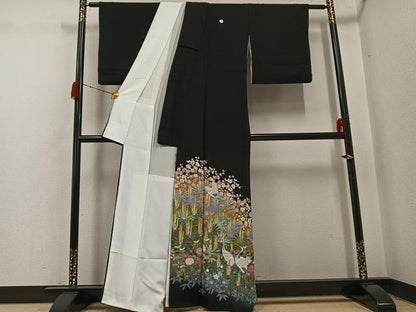 平和屋着物●十日町友禅作家　岡村蒼風　黒留袖　群れ鶴草花文　正絹　逸品　AABH2055ph