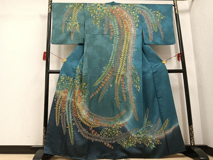 平和屋着物●訪問着　総刺繍　中国三大刺繍　スワトウ刺繍　汕頭刺繍　草花文　暈し染め　金糸　金通し地　正絹　逸品　AABH2069ph