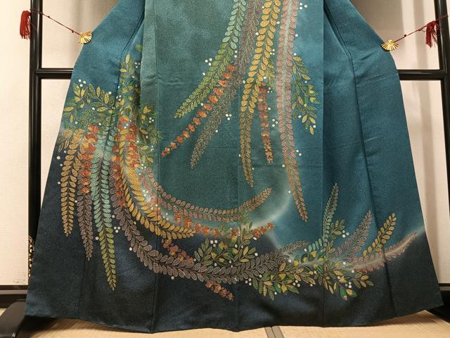 平和屋着物●訪問着　総刺繍　中国三大刺繍　スワトウ刺繍　汕頭刺繍　草花文　暈し染め　金糸　金通し地　正絹　逸品　AABH2069ph