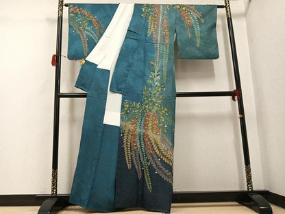 平和屋着物●訪問着　総刺繍　中国三大刺繍　スワトウ刺繍　汕頭刺繍　草花文　暈し染め　金糸　金通し地　正絹　逸品　AABH2069ph