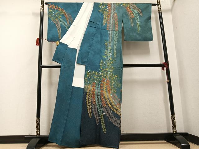 平和屋着物●訪問着　総刺繍　中国三大刺繍　スワトウ刺繍　汕頭刺繍　草花文　暈し染め　金糸　金通し地　正絹　逸品　AABH2069ph