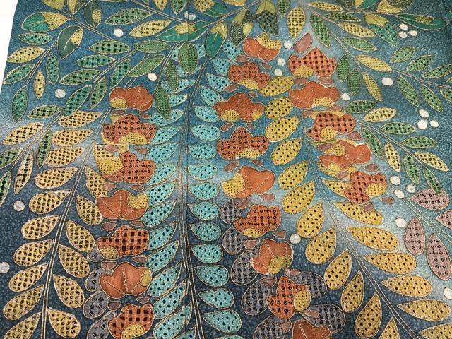 平和屋着物●訪問着　総刺繍　中国三大刺繍　スワトウ刺繍　汕頭刺繍　草花文　暈し染め　金糸　金通し地　正絹　逸品　AABH2069ph