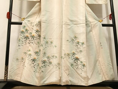 平和屋着物●訪問着　作家物　彩峯　紬地　手描き　草花　紅花　暈し染め　正絹　逸品　AABH2072ph