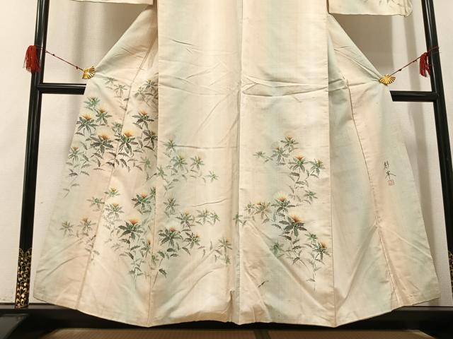平和屋着物●訪問着　作家物　彩峯　紬地　手描き　草花　紅花　暈し染め　正絹　逸品　AABH2072ph