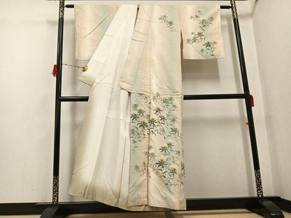 平和屋着物●訪問着　作家物　彩峯　紬地　手描き　草花　紅花　暈し染め　正絹　逸品　AABH2072ph