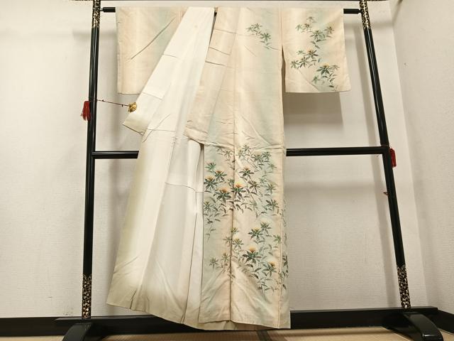 平和屋着物●訪問着　作家物　彩峯　紬地　手描き　草花　紅花　暈し染め　正絹　逸品　AABH2072ph