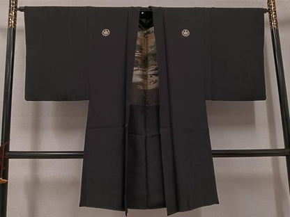平和屋着物●男性　黒紋付・羽織セット　正絹　逸品　AABH2074ph