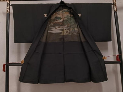 平和屋着物●男性　黒紋付・羽織セット　正絹　逸品　AABH2074ph