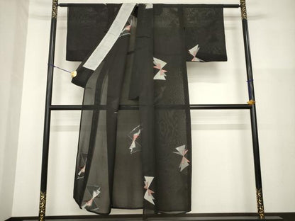 平和屋着物＊夏物　小紋　紗　舞蝶文　寿光織　黒地　銀糸　正絹　逸品　AABH2085ck
