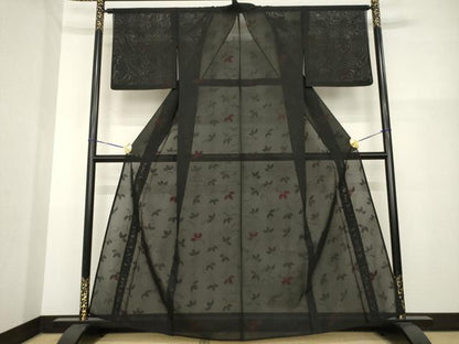 平和屋着物＊夏物 小紋 紗 蔦草文 黒地 正絹 逸品 AABH2089ck