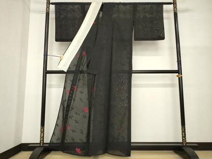 平和屋着物＊夏物 小紋 紗 蔦草文 黒地 正絹 逸品 AABH2089ck