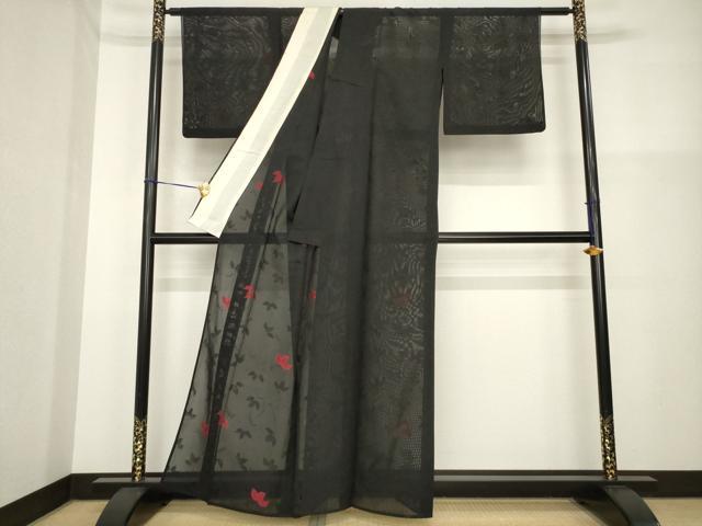 平和屋着物＊夏物 小紋 紗 蔦草文 黒地 正絹 逸品 AABH2089ck