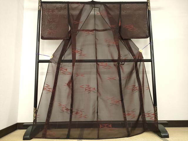 平和屋着物＊夏物　小紋　紗　七宝文　黒地　ロング丈　正絹　逸品　未使用　AABH2092ck
