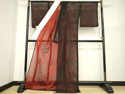 平和屋着物＊夏物　小紋　紗　七宝文　黒地　ロング丈　正絹　逸品　未使用　AABH2092ck