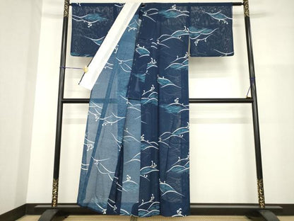平和屋着物＊夏物 小紋 絽 立波文 洗える着物 AABH2114ck