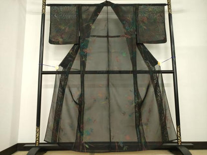 平和屋着物＊夏物 小紋 紗 草花文 黒地 正絹 逸品 AABH2148ck