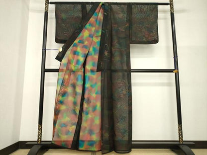 平和屋着物＊夏物 小紋 紗 草花文 黒地 正絹 逸品 AABH2148ck