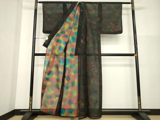 平和屋着物＊夏物 小紋 紗 草花文 黒地 正絹 逸品 AABH2148ck