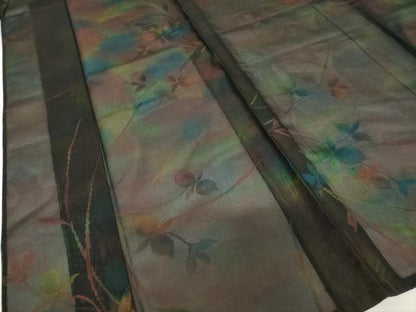 平和屋着物＊夏物 小紋 紗 草花文 黒地 正絹 逸品 AABH2148ck