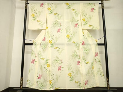 平和屋着物＊夏物 小紋 絽 手描き 草花文 銀彩 正絹 逸品 未使用 AABH2149ck