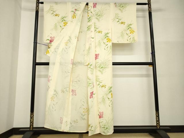 平和屋着物＊夏物 小紋 絽 手描き 草花文 銀彩 正絹 逸品 未使用 AABH2149ck