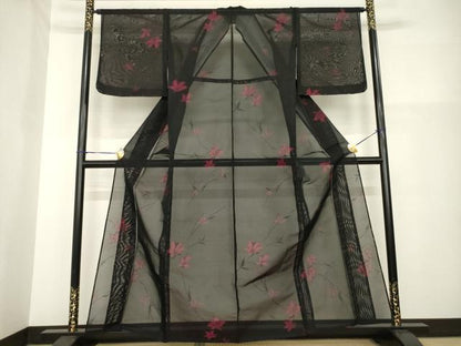 平和屋着物＊夏物 小紋 紗 草花文 黒地 正絹 逸品 未使用 AABH2155ck