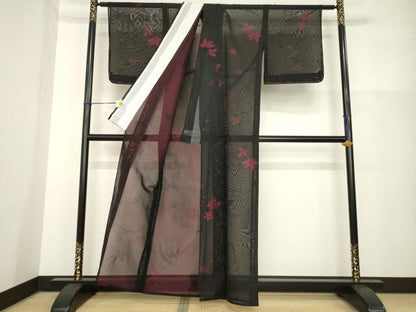 平和屋着物＊夏物 小紋 紗 草花文 黒地 正絹 逸品 未使用 AABH2155ck