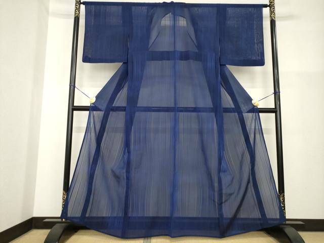 平和屋着物＊夏物 色無地 よろけ縞紋絽 留紺色 正絹 逸品 AABH2157ck