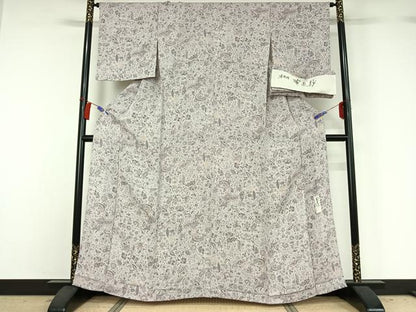 平和屋着物▽上質な小紋 単衣 作家物 花更紗文 鬼しぼ縮緬 反端付き 正絹 逸品 AABH2166jh