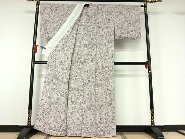 平和屋着物▽上質な小紋 単衣 作家物 花更紗文 鬼しぼ縮緬 反端付き 正絹 逸品 AABH2166jh