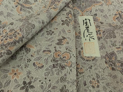 平和屋着物▽上質な小紋 単衣 作家物 花更紗文 鬼しぼ縮緬 反端付き 正絹 逸品 AABH2166jh