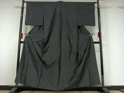 平和屋着物▽本場大島紬　単衣　七宝文　黒地　正絹　逸品　AABH2168jh