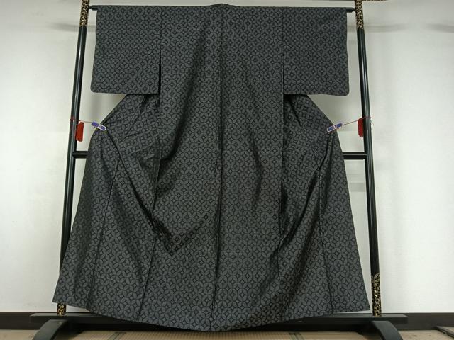 平和屋着物▽本場大島紬　単衣　七宝文　黒地　正絹　逸品　AABH2168jh
