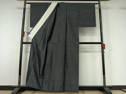平和屋着物▽本場大島紬　単衣　七宝文　黒地　正絹　逸品　AABH2168jh