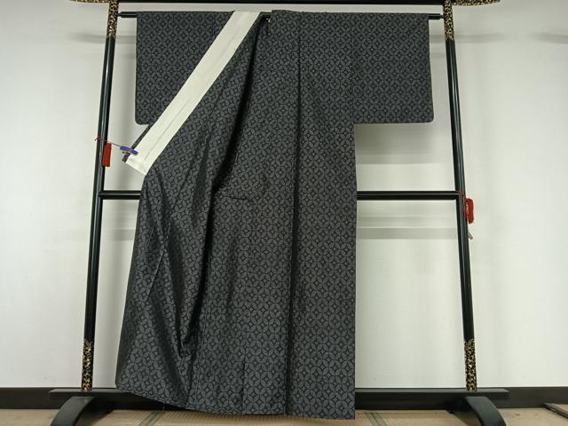 平和屋着物▽本場大島紬　単衣　七宝文　黒地　正絹　逸品　AABH2168jh