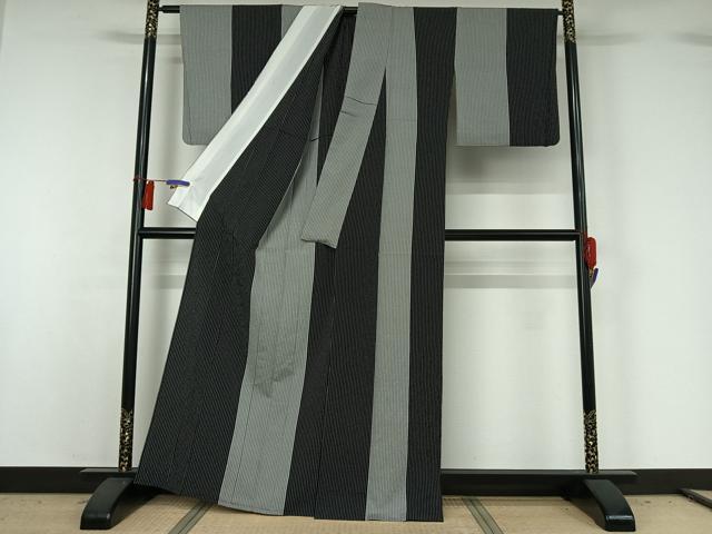 平和屋着物▽本塩沢 単衣 縞 正絹 逸品 AABH2172jh