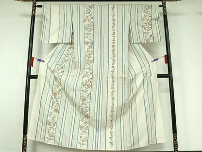 平和屋着物▽訪問着　単衣　紬地　更紗花間道　正絹　逸品　AABH2178jh