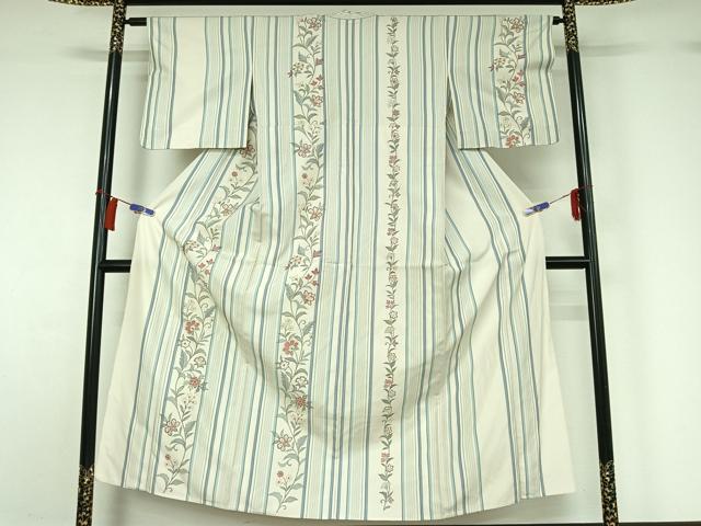 平和屋着物▽訪問着　単衣　紬地　更紗花間道　正絹　逸品　AABH2178jh