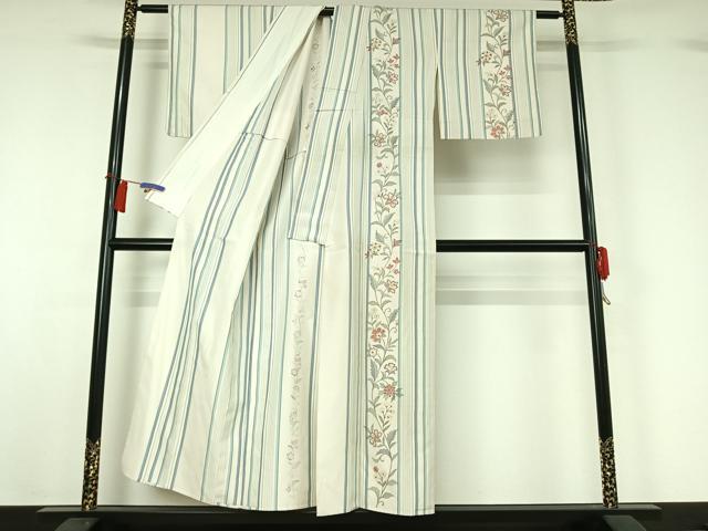 平和屋着物▽訪問着　単衣　紬地　更紗花間道　正絹　逸品　AABH2178jh
