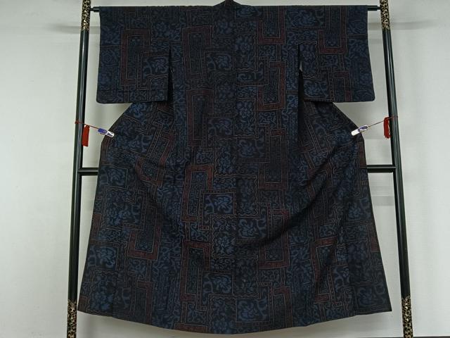 平和屋着物▽結城ちぢみ　単衣　草花文　正絹　逸品　AABH2179jh