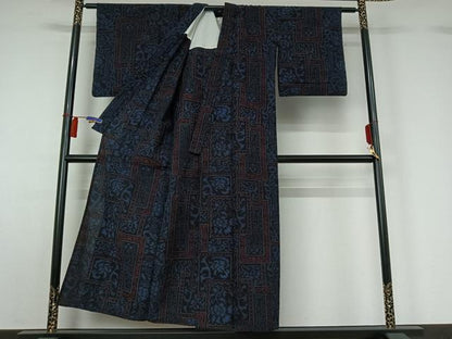 平和屋着物▽結城ちぢみ　単衣　草花文　正絹　逸品　AABH2179jh